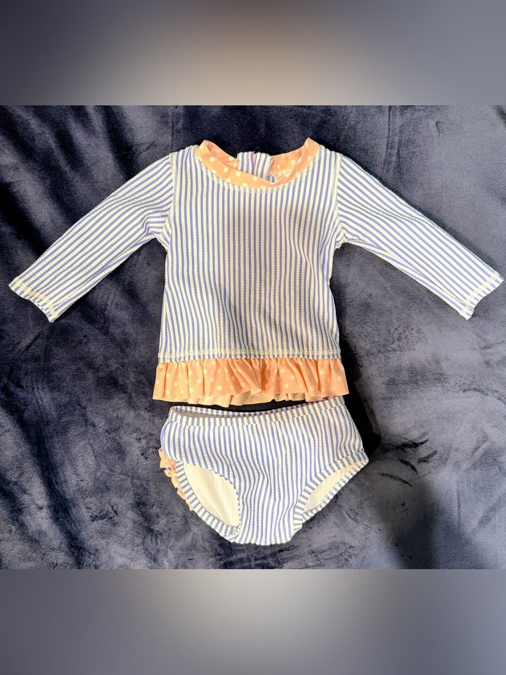 RuffleButts 6-12M Girls Blue Seersucker Long Sleeve Rash Guard Long Sleeve 2pc